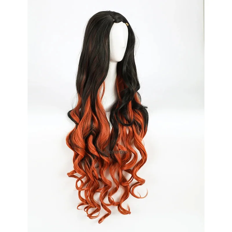 Pelucas de Cosplay Kamado Nezuko, peluca de pelo sintético resistente al calor + gorro de peluca + palo de sellado de accesorios de bambú