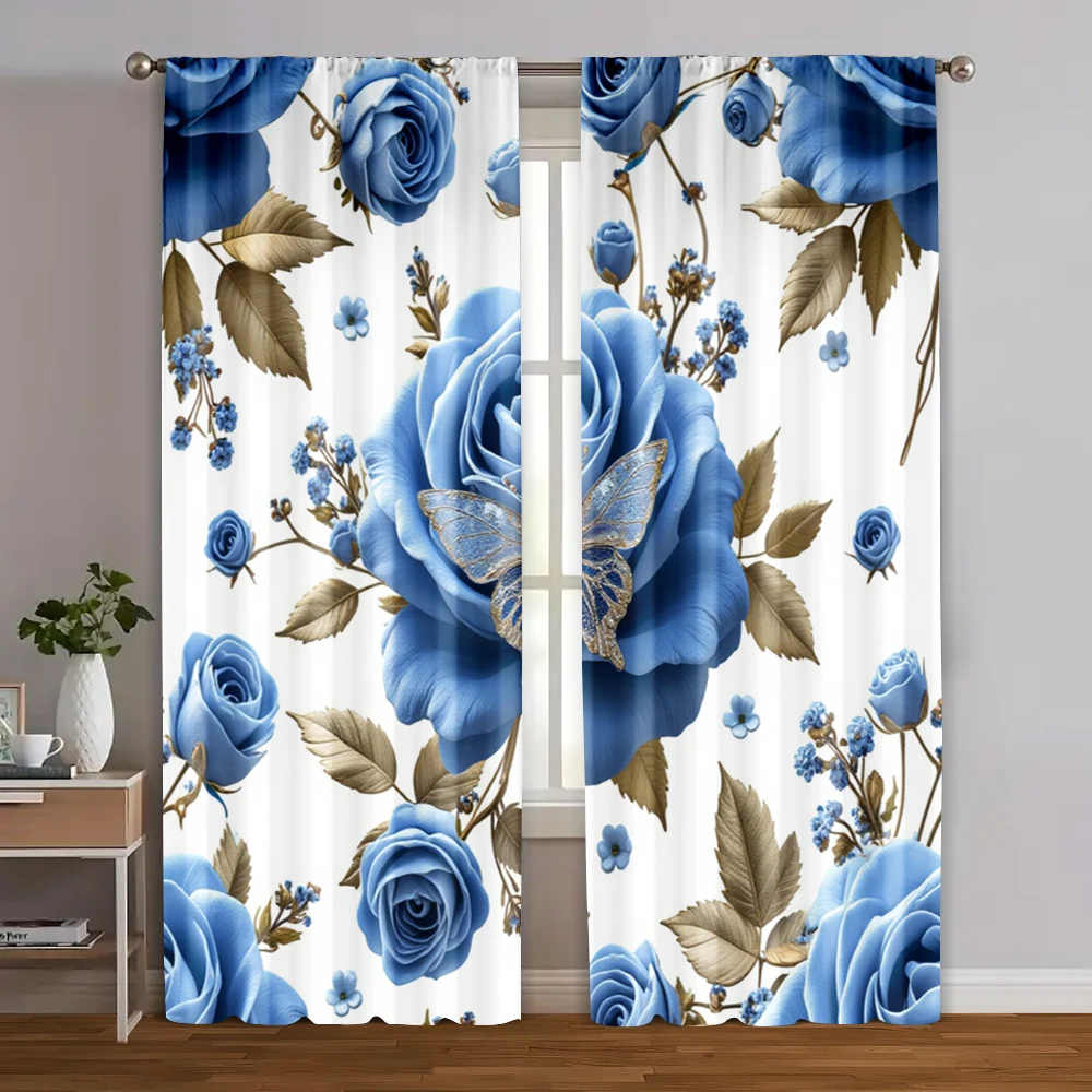 

2pcs, Creative Curtains Butterfly And Blue Rose Polyester Easy Install (without rod) Home Decor for Living Room, Bedroom, Home