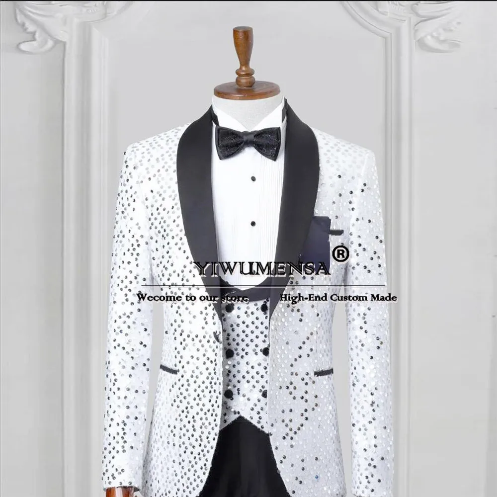 Esmoquin de lentejuelas brillantes para hombre, ropa de novio, chal negro hecho a medida, solapa de terciopelo, Blazer de graduación, banquete, ropa de fiesta de boda, 3 piezas