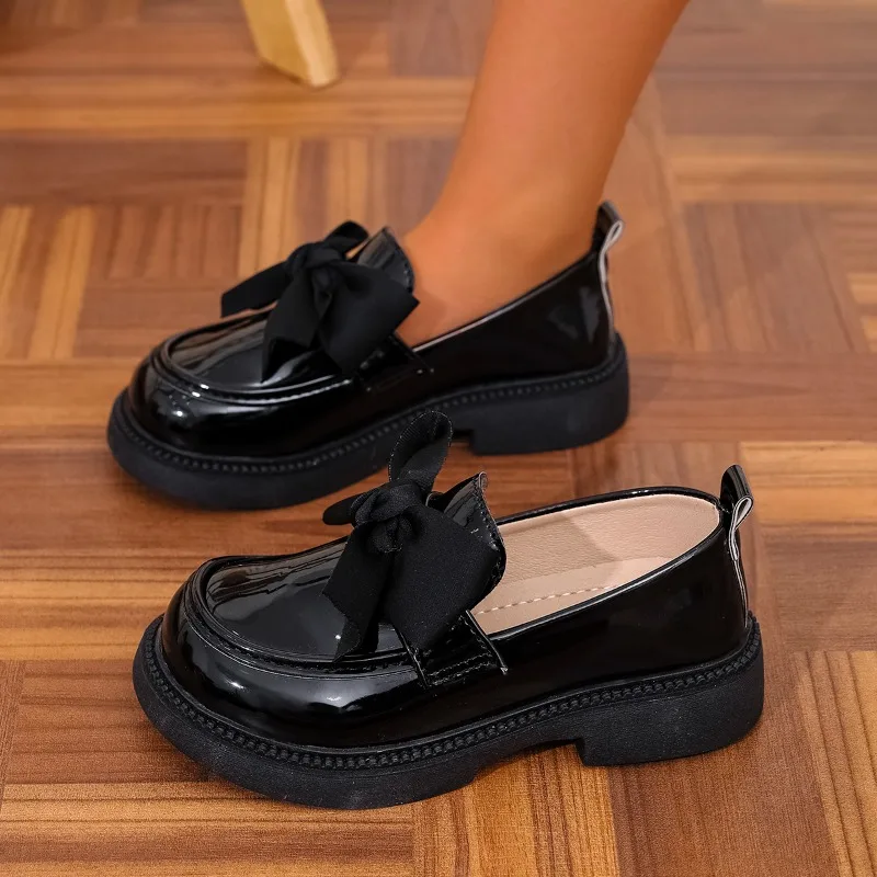 Girl Leather Shoes Mary Jane Simple Bowknot Children Classic Causal Uniform Shoes Black Versatile Kids Platform Loafers Non-slip