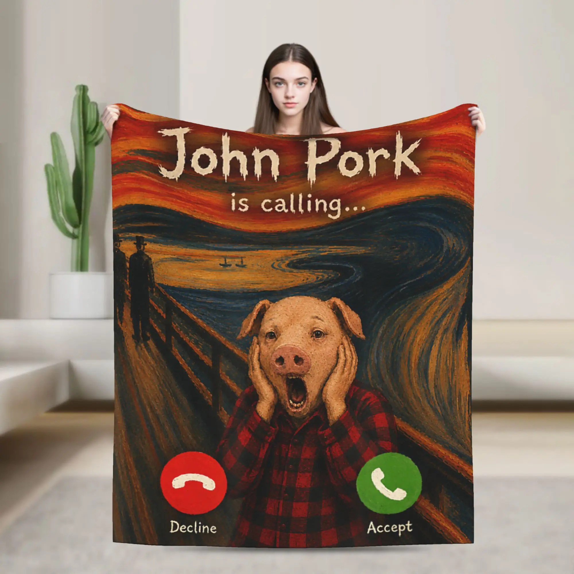 John Pork The Scream Edvard Munch Art Parody Funny Meme Warm Cozy Blanket For Living Room Fashion Throw Blanket Winter Bedspread
