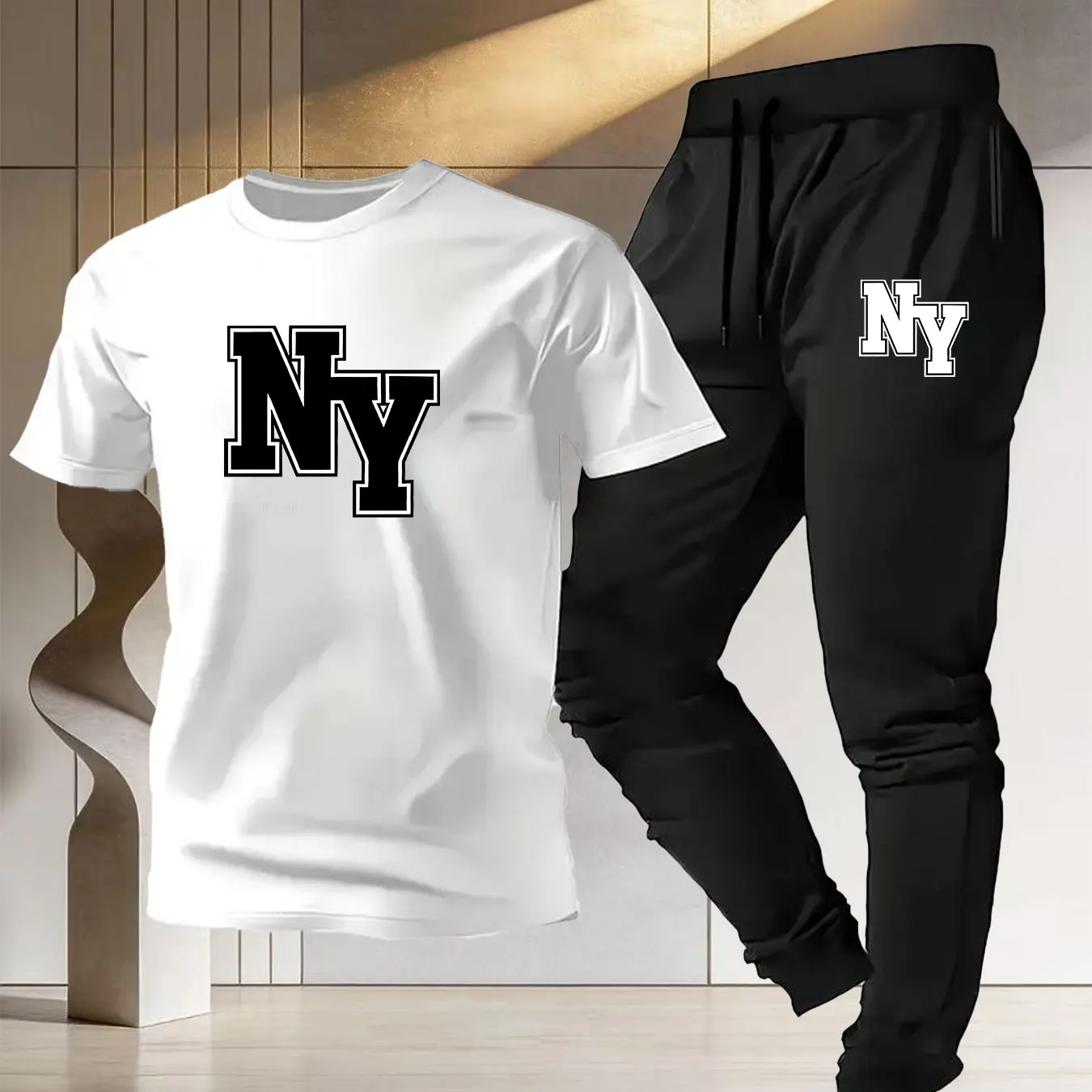 

NY Letter Print Sports Set for Couples, Unisex, Summer Thin 2026 New Style, Cotton T-Shirt & Long Pants 2-Piece Set