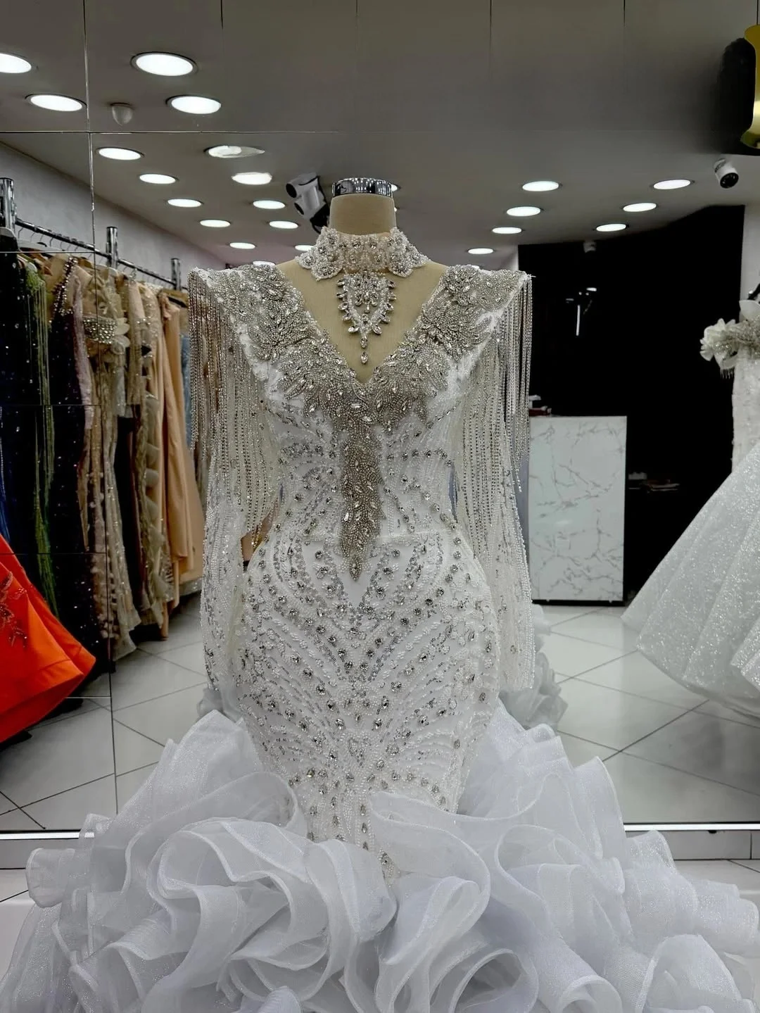 Customized High Collar Sparkly Crystals  Beads Wedding Dress with Tassels  Robe De Mariée Ruffles  Long Sleeves Bridal Gown