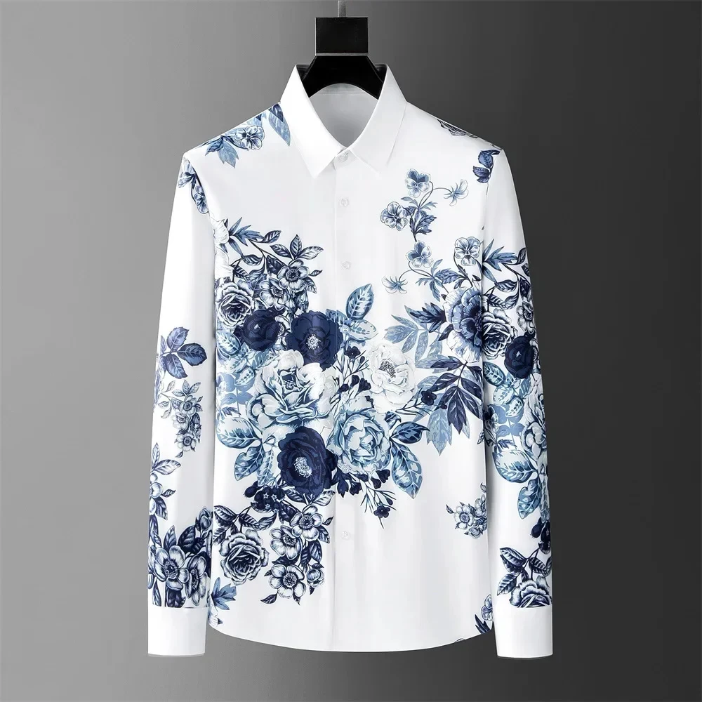 

Rose premium series men's 3D printed casual long sleeved social street party shirt plus size men's high-end classic shirt 2024