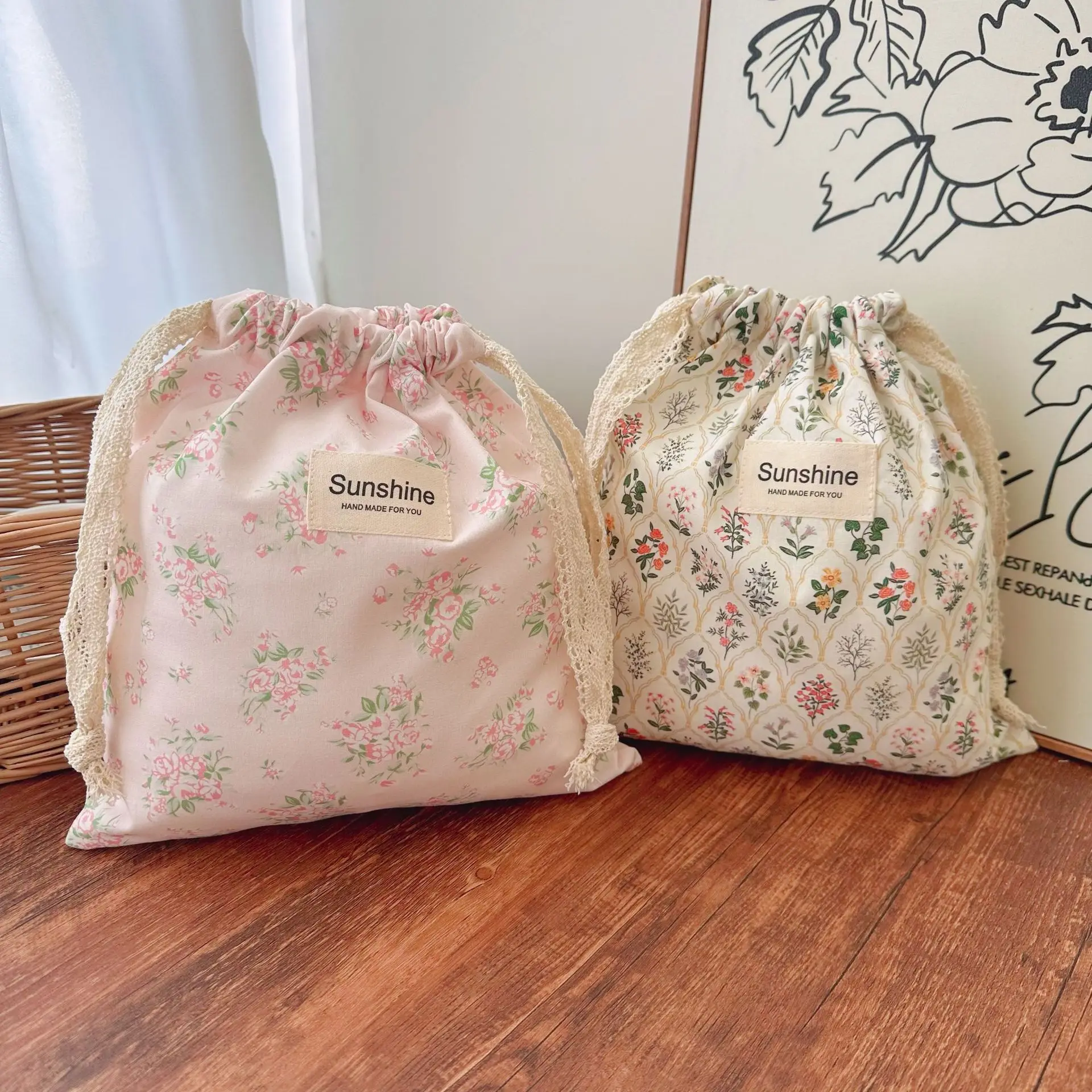Portable Dust-Proof Bag 26x28cm Natural Cotton Storage Bags for Travel Flower Printing Drawstring Pouches for Home Organizer