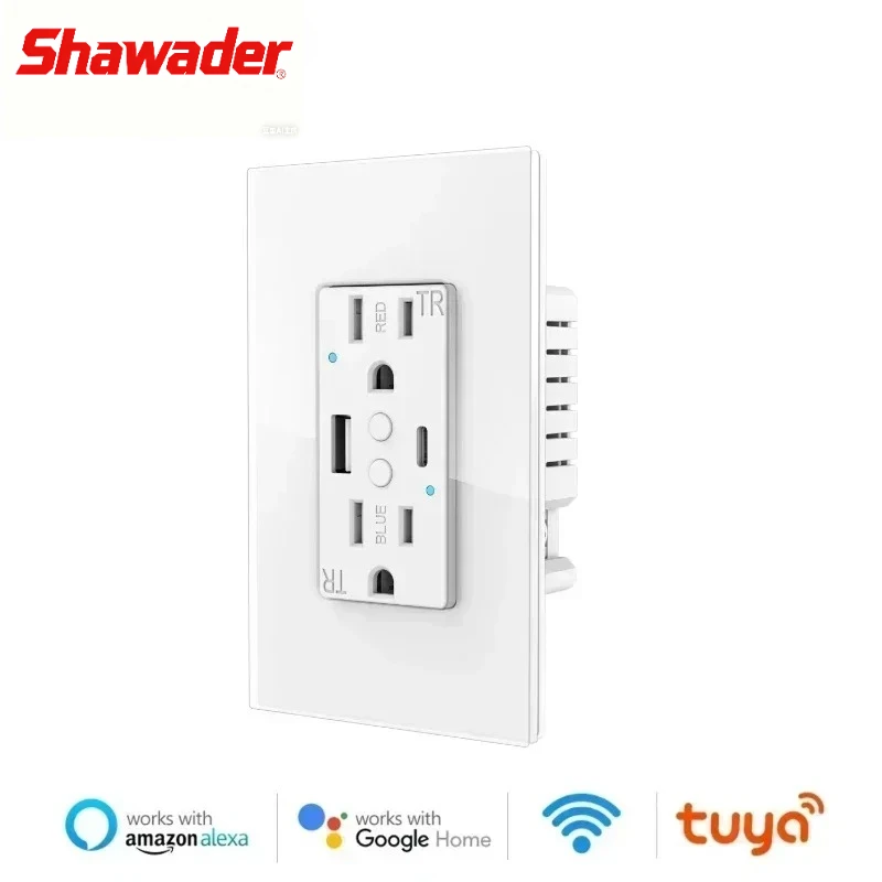 

Shawader Американская вилка питания WIFI Умная настенная розетка USB Type-C Розетка PD 20 Вт Быстрое зарядное устройство Стеклянная панель Пульт дистанционного управления от Tuya Alexa Google Home