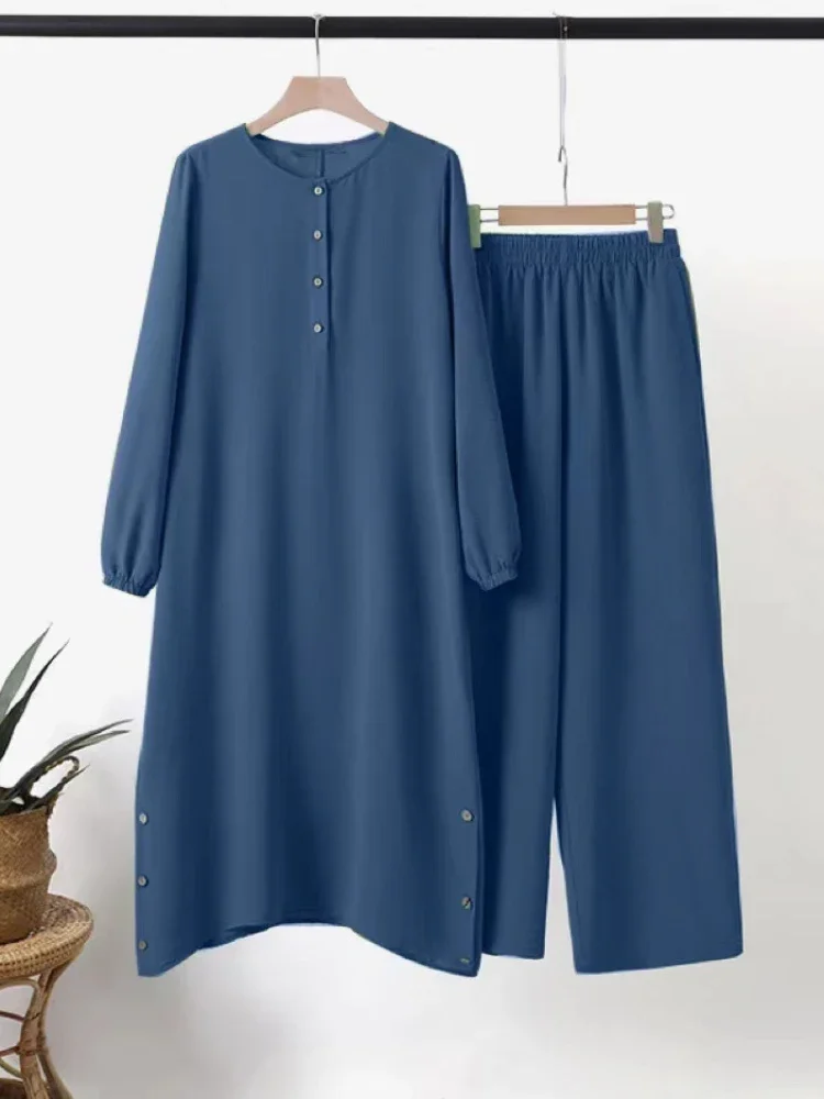 

Арабские женщины Ид Мусульманский комплект из двух предметов Блузка и широкие брюки Мусульманский ансамбль с поясом Рубашка на одной пуговице Рамадан Скромная одежда