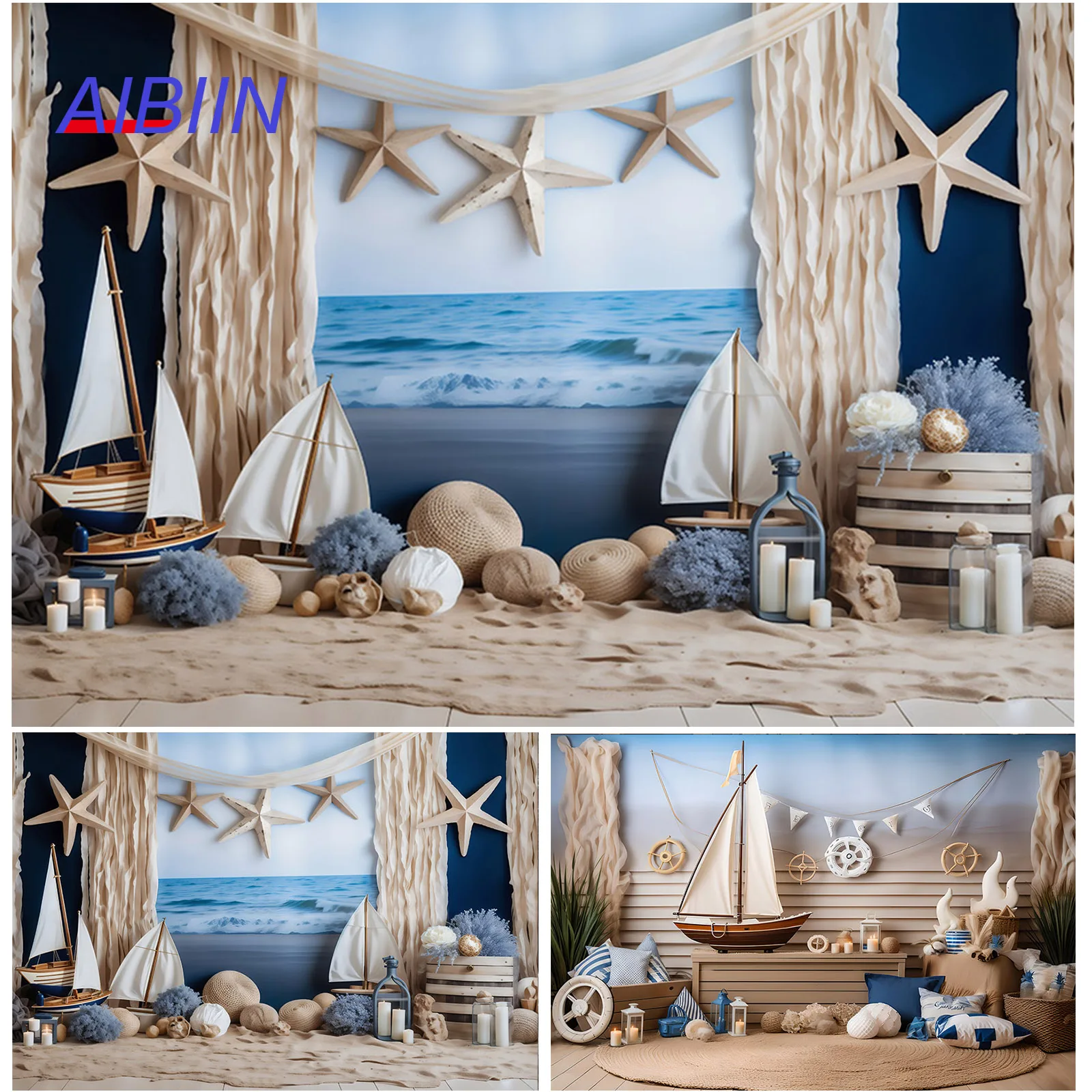 AIBIIN Sailboat Photography Backdrop Summer Beach Sea Surf Boy Birthday Background Party Decor Baby Shower Cake Banner Photozone