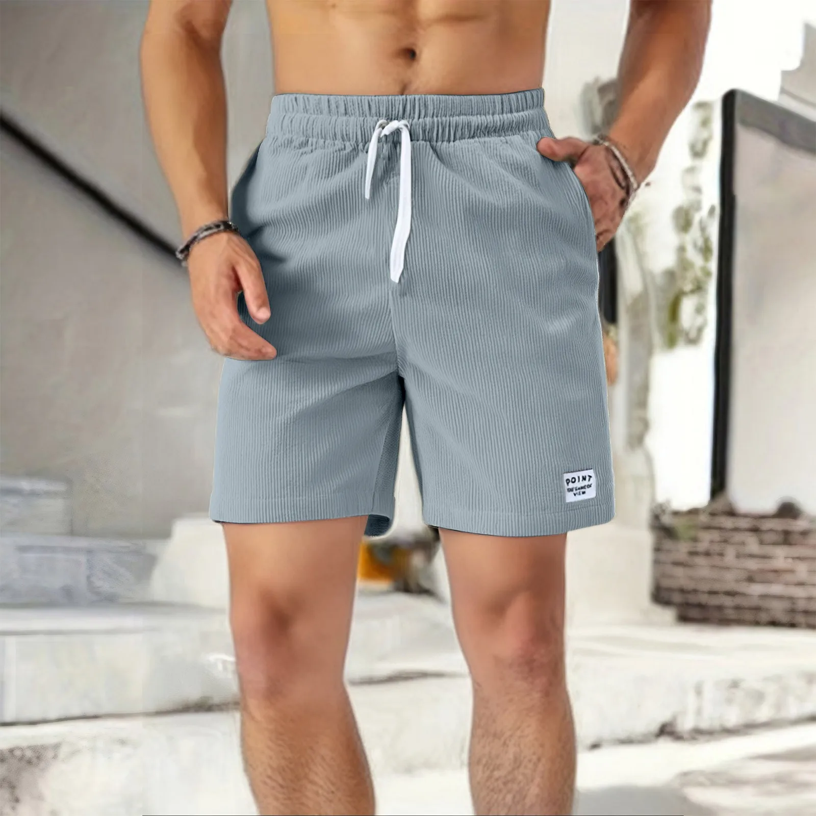 

Spring summer thin corduroy shorts elastic waist drawstring shorts solid color loose men's sports shorts Casual cargo shorts