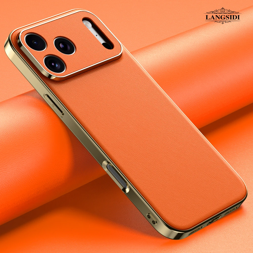 Genuine Cowhide Leather Phone Case for iPhone 17 16 14 11 12 13 15 Pro Max Plus Air Luxury Plating Full Lens Protection Cover