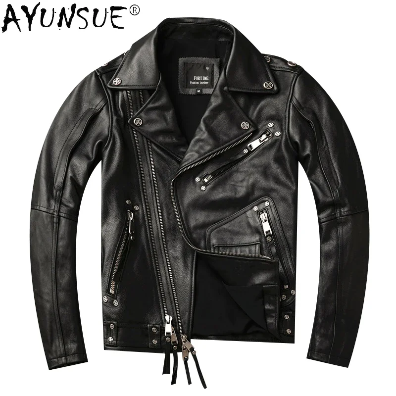 

Fashion Men Leather Jacket Slim Cowhide Genuine Leather Coat Men Motorcycle Short Black Coats Clothes Jaqueta Masculina WPY3693