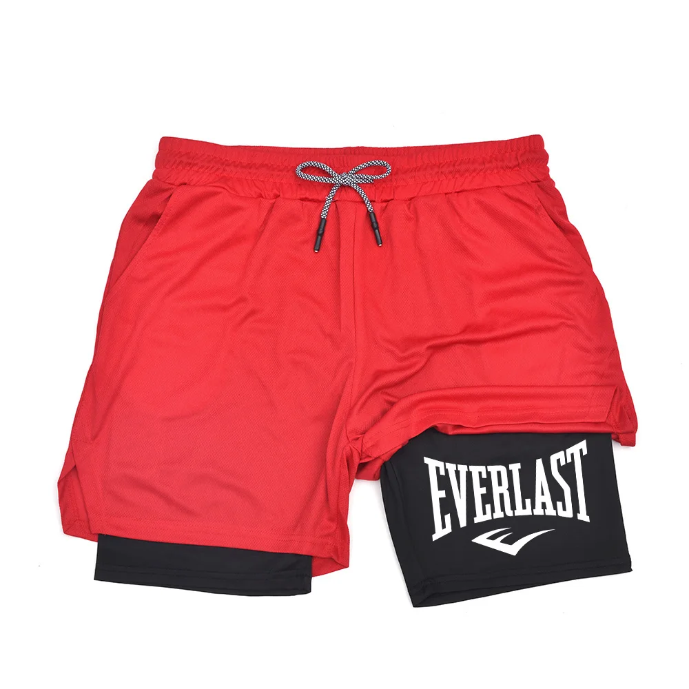 شورت رياضي مضغوط للرجال، سروال رياضي مطبوع EVERLAST، طبقات مزدوجة، سريع الجفاف، كرة السلة، شورت كاجوال للياقة العضلات