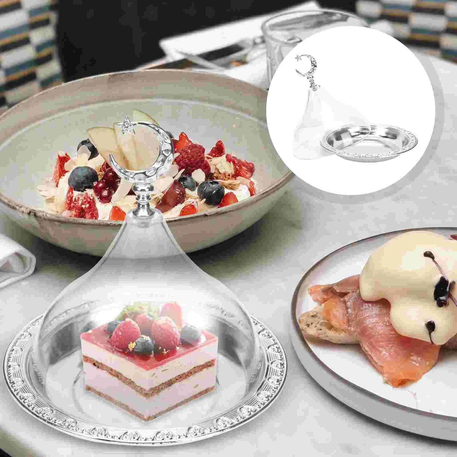 

Silver Electroplated Iron Acrylic Dessert Serving Tray Clear Lid Compact Light Weight Multi Functional Storage Plate Cake Fruits