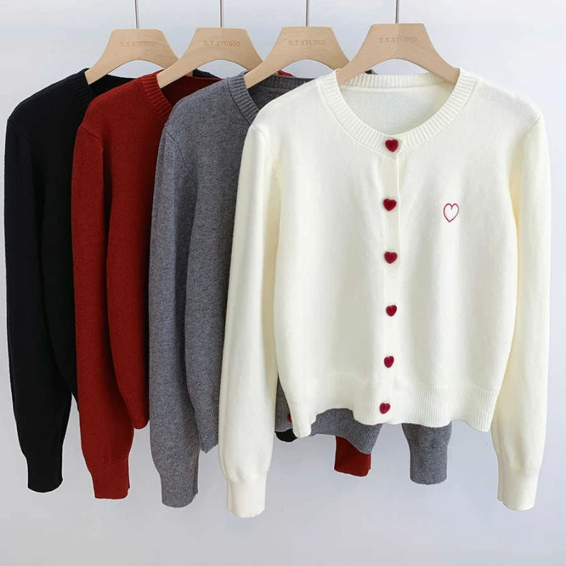 O-Neck Single Breasted Heart Button Sweater Women 2026 Bow Embroidery Knitted Cardigan Korean Casual Solid Tops Woman Clothes