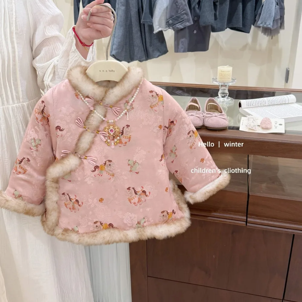 Girls Qipao Dress New Chinese Style 2026 Faux Fur Trim Padded Cheongsam Lunar New Year Outfit Kids 73-130cm