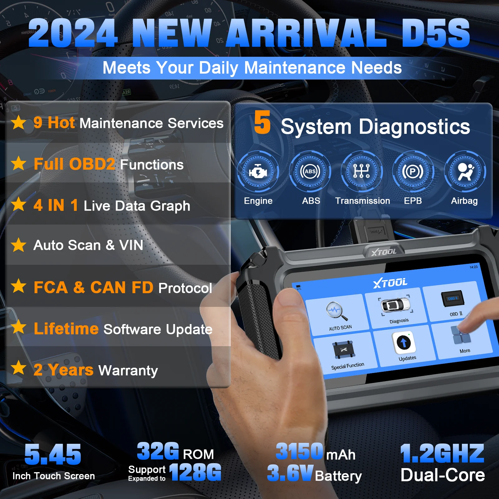 XTOOL D5S 2024 New OBD2 Diagnostic Tools Engine ABS EPB SRS TCM 5 System Automatic Scanner FCA CAN FD With Lifetime Free Update