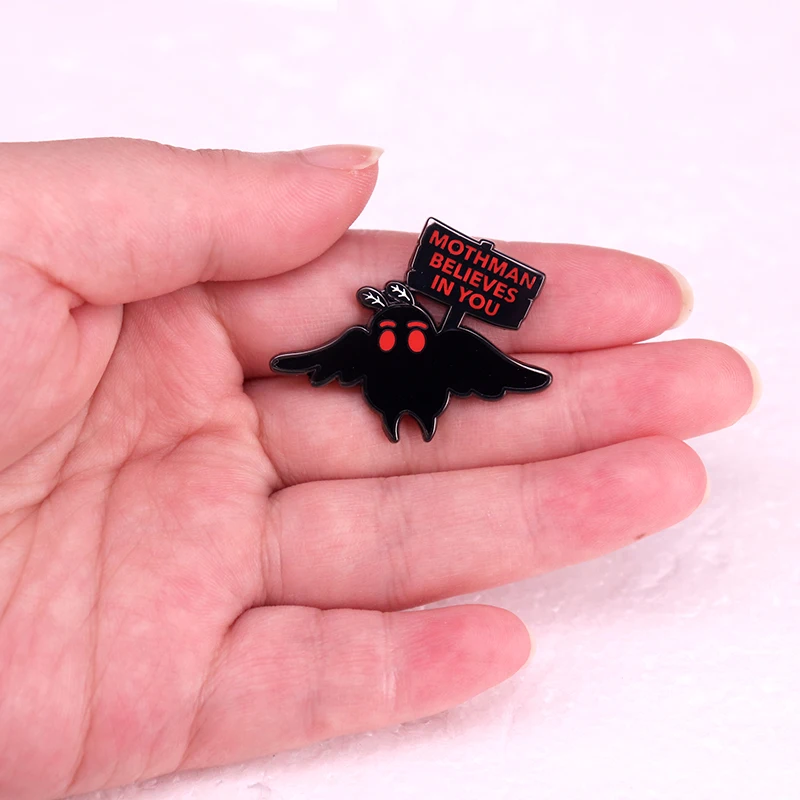 Mothmans Believes in You Enamel Pin Kawaii Cryptid Halloween Badge Spooky Brooch Jewelry Gift