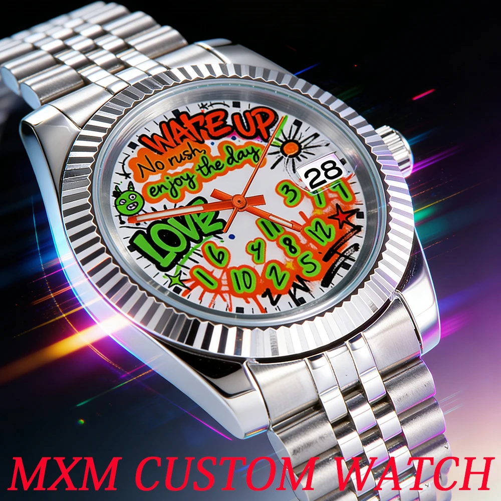 

Luxury Watch china NH35 36mm/39mm case Graffiti watch men NH35 Watches dial Blue Text Dial Sapphire Glass Waterproof watch 10ATM