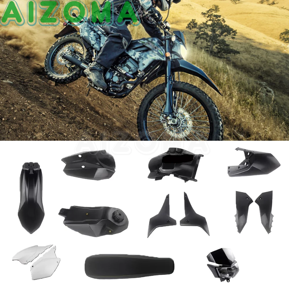 For Kawasaki KLX250 S/SF 2008-19 D-Tracker X 250 13pcs Motocross Headlight Fender Full Body Cover Fairing Kit w/ Seat Oil Tank