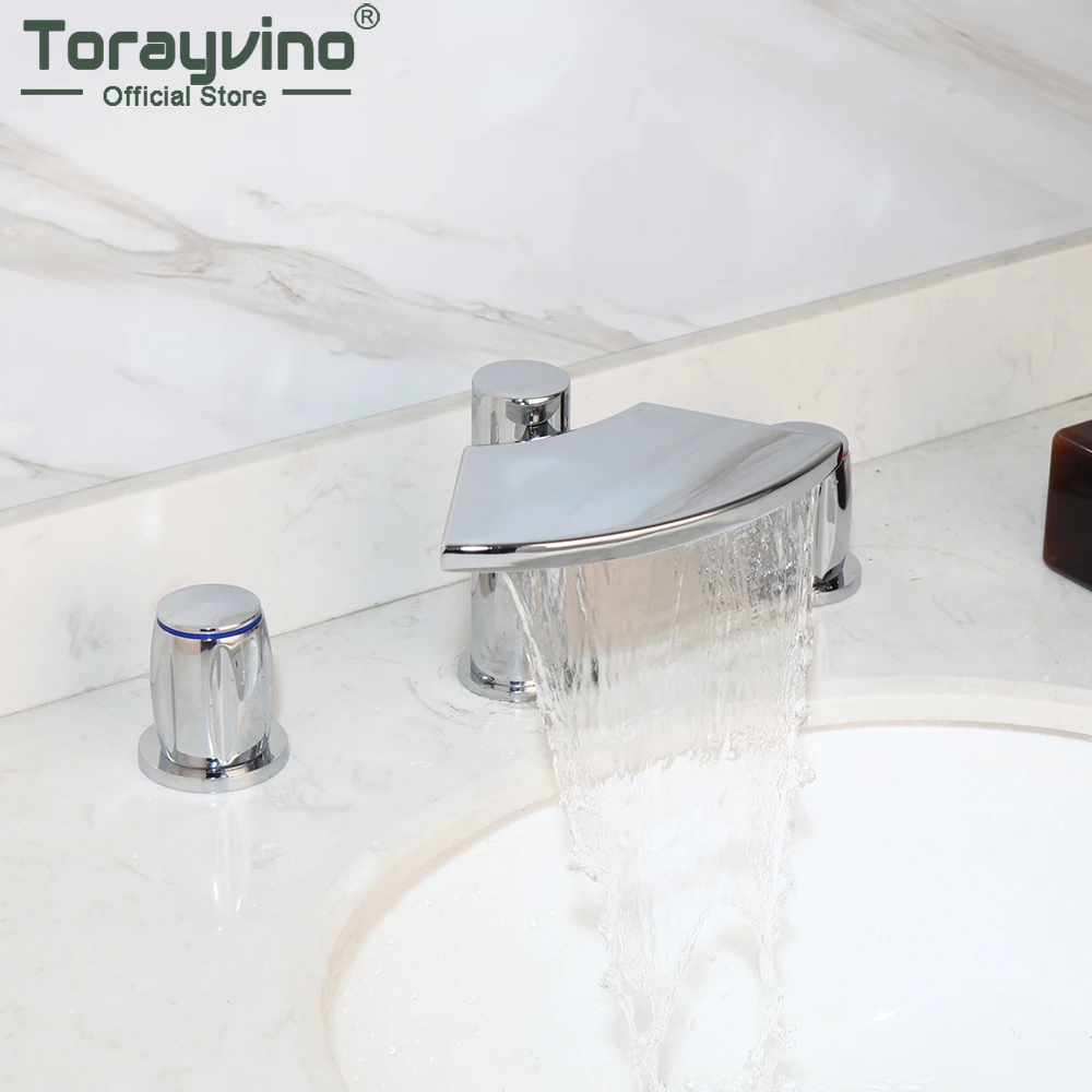 

Torayvino 2 и 3 шт. Смеситель для ванной комнаты, хромированный смеситель для раковины, монтируемый на палубе, водопад Torneira, 1 ручка, смеситель для горячей и холодной воды