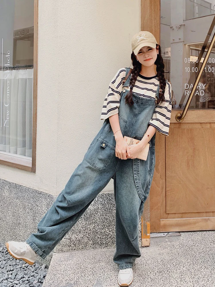

Retro Hong Kong Sle Distred Denim Overalls Women's Loose Workwear Jumpsuit Two-piece Set High Waist Long Pants