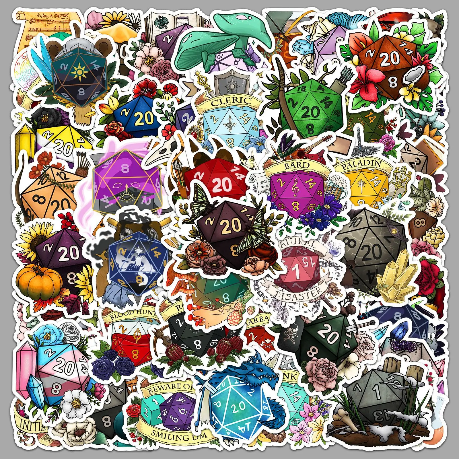 

50PCS Dice Stickers D20 Dice RPG Style Tabletop Cartoon DIY Decorable Laptop Phone Case iPad Waterproof Stickers Kids Toy