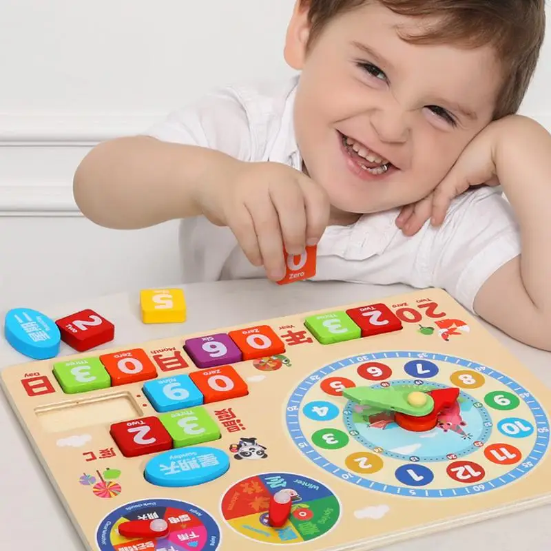 Toddler Calendar Wooden Kids Learning Calendar Clock Learning & Education Toys Jigsaw Puzzle Board Interactive Daily Calendar