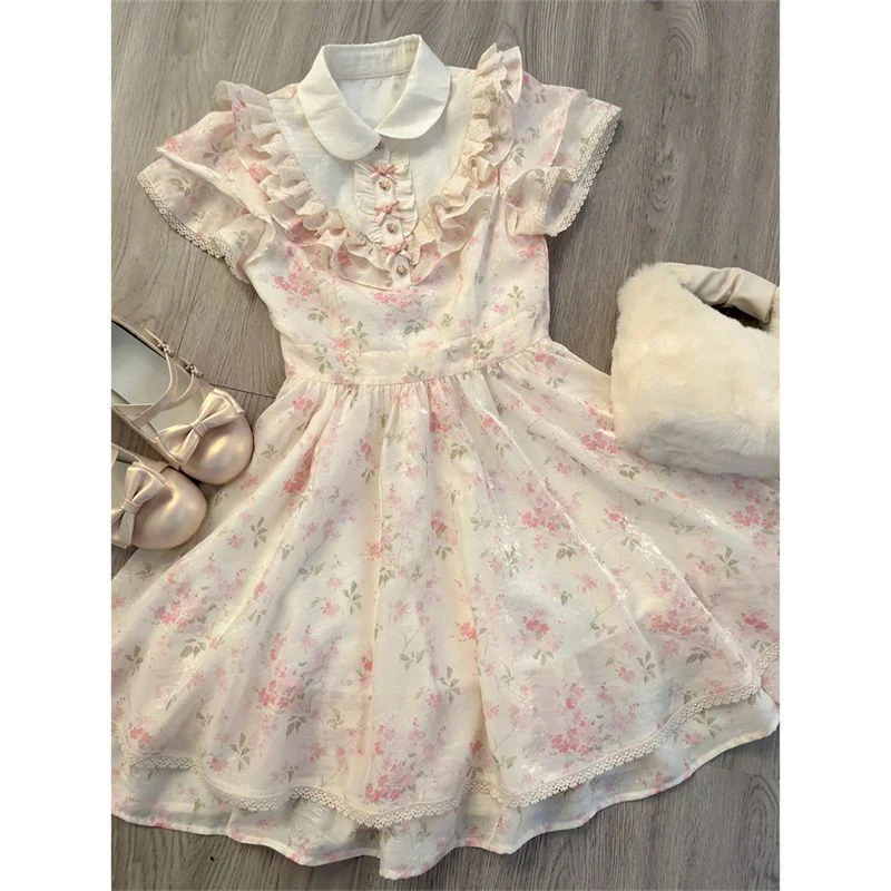 Kawaii Floral Mini Dress Women Japanese Lolita Cute Bow Ruffles Patchwork Dresses Summer Korean Fashion Bodycon A Line Vestidos