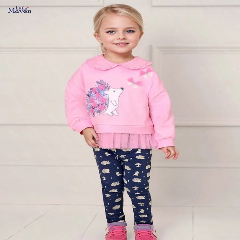 

Милый детский костюм Little maven, свитшоты с аппликацией в виде ежа для маленьких девочек, топы + штаны, комплекты принцессы, детская одежда, наряды для девочек