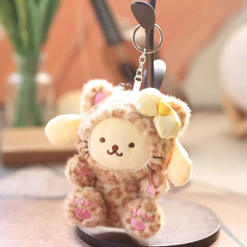 LLavero de peluche Kawaii de Hello Kitty, bonito bolso de muñeca, dije con lazo, estampado de leopardo, tirador de cremallera, regalo, juguetes de peluche para niñas, 1 Uds.
