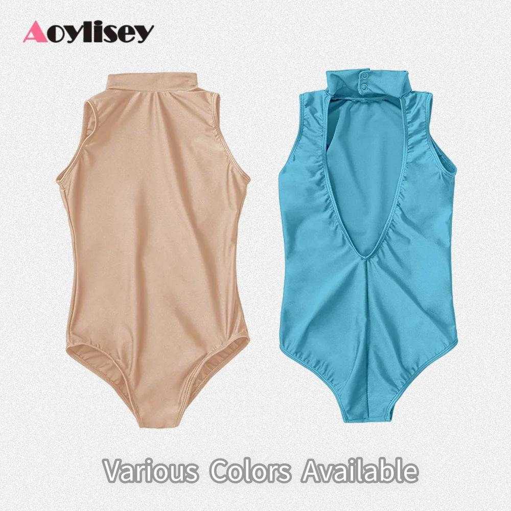 ชุดบอดี้สูทเด็กผู้หญิงสีดำแบบไม่มีแขน คอเต่า เปิดหลัง ผ้ายืด สำหรับเต้นบัลเลต์ ยิมนาสติก และการแสดงบนเวที