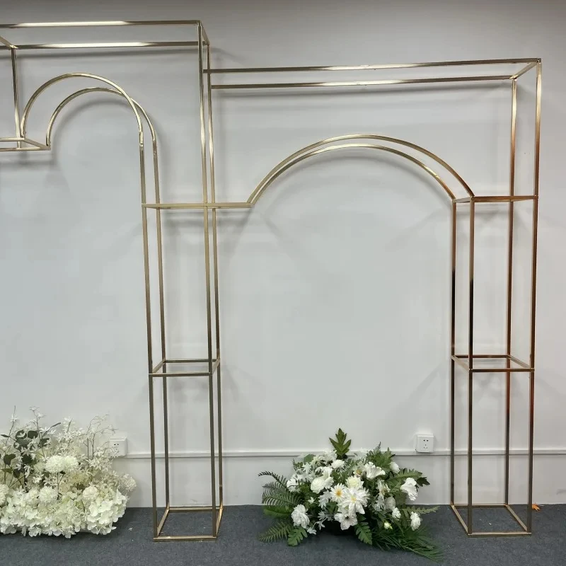3-teiliges, glänzend vergoldetes 2,2 m langes quadratisches Hintergrundregal, geometrischer Blumenbogen für Hochzeiten, Türständer, künstliche Floristenbedarf. – Detail 25