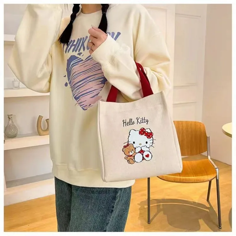 2024 New Sanrio Kitty Cute Canvas Bag Melody Office Fashion Women\'s Handbag Kuromi Handbag Lunch Box Pochacco Cosmetic Bag