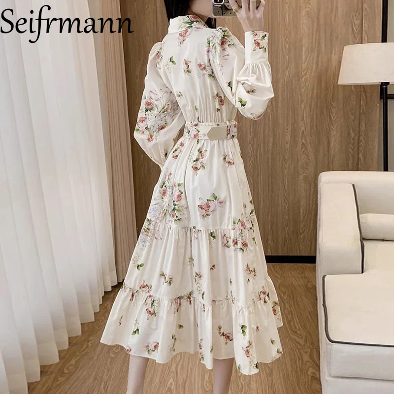 Seifrmann 夏の女性のドレス長袖ファッションターンダウン襟シングルブレスト花柄カジュアルドレスベルト付き