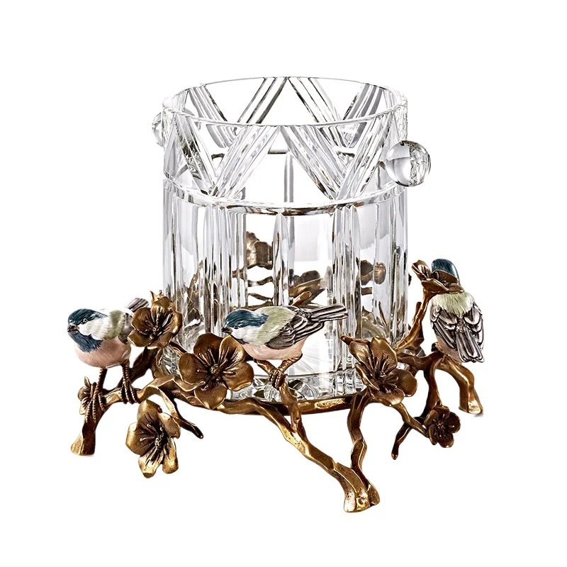 

Fruit pot, transparent crystal glass round copper with porcelain hand-painted magpie bird European living room