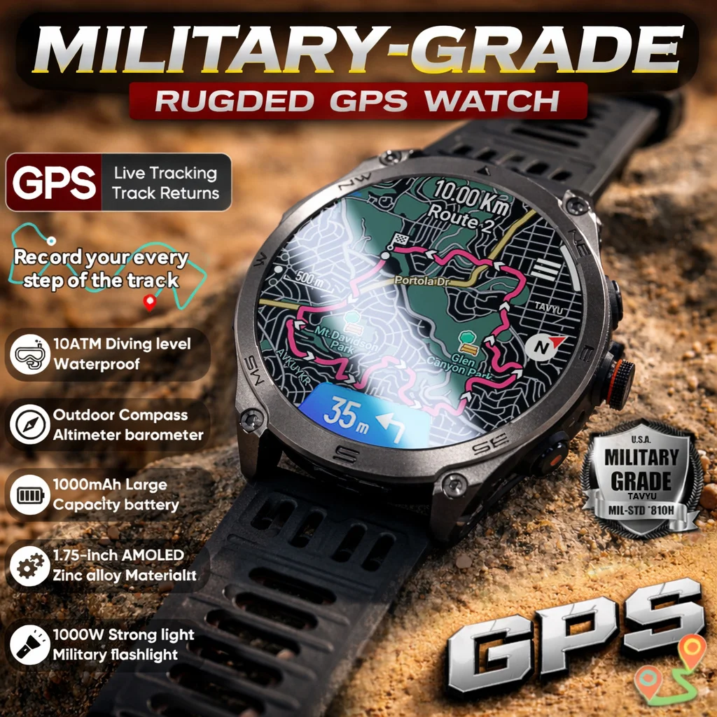 2026 New Military GPS Smart Watch GPS Path Map 10ATM Waterproof Compass Heart Rate Flashlight Call 170+Sports Durable Smartwatch