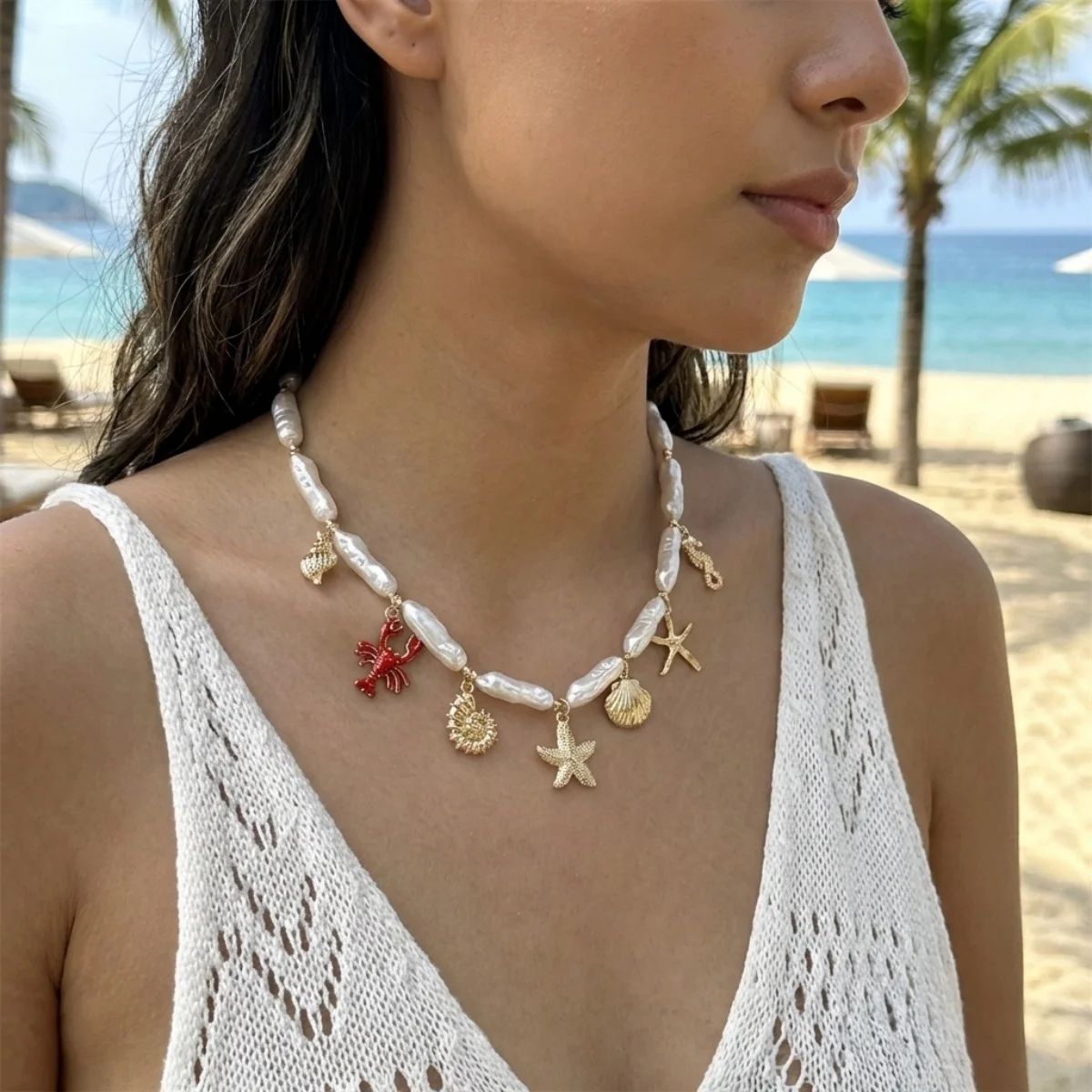 Boho Seestern Muschel Seepferdchen Hummer Anhänger Halskette für Damen und Herren, unregelmäßige Imitationsperle, Ozean-Strand-Choker-Schmuck – Detail 5