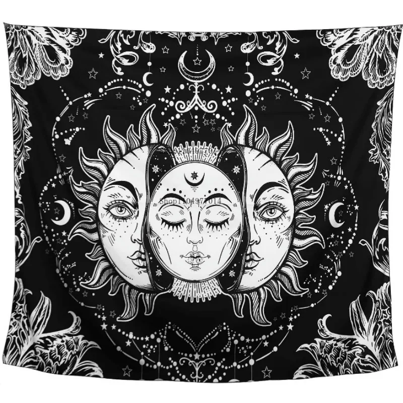 

Sun and Moon Tapestry, Burning Sun and Stars Psychedelic Pop Tapestry Black and White Beach Blanket