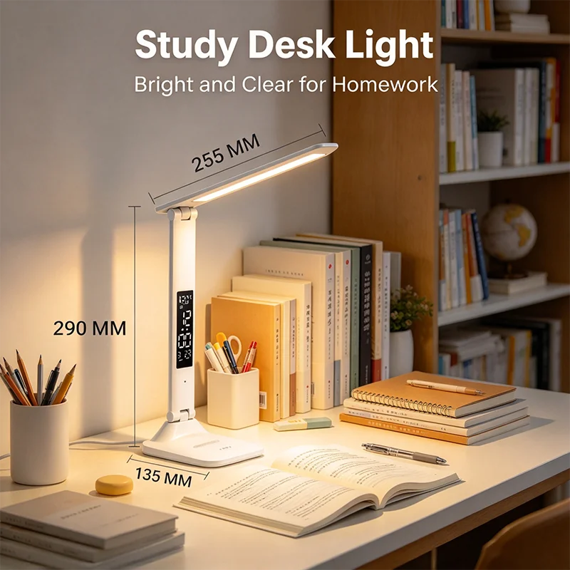 Dimmable Touch LED Desk Lamp USB Rechargeable Foldable Night Light Eye Protection with Alarm Clock & Temperature Display