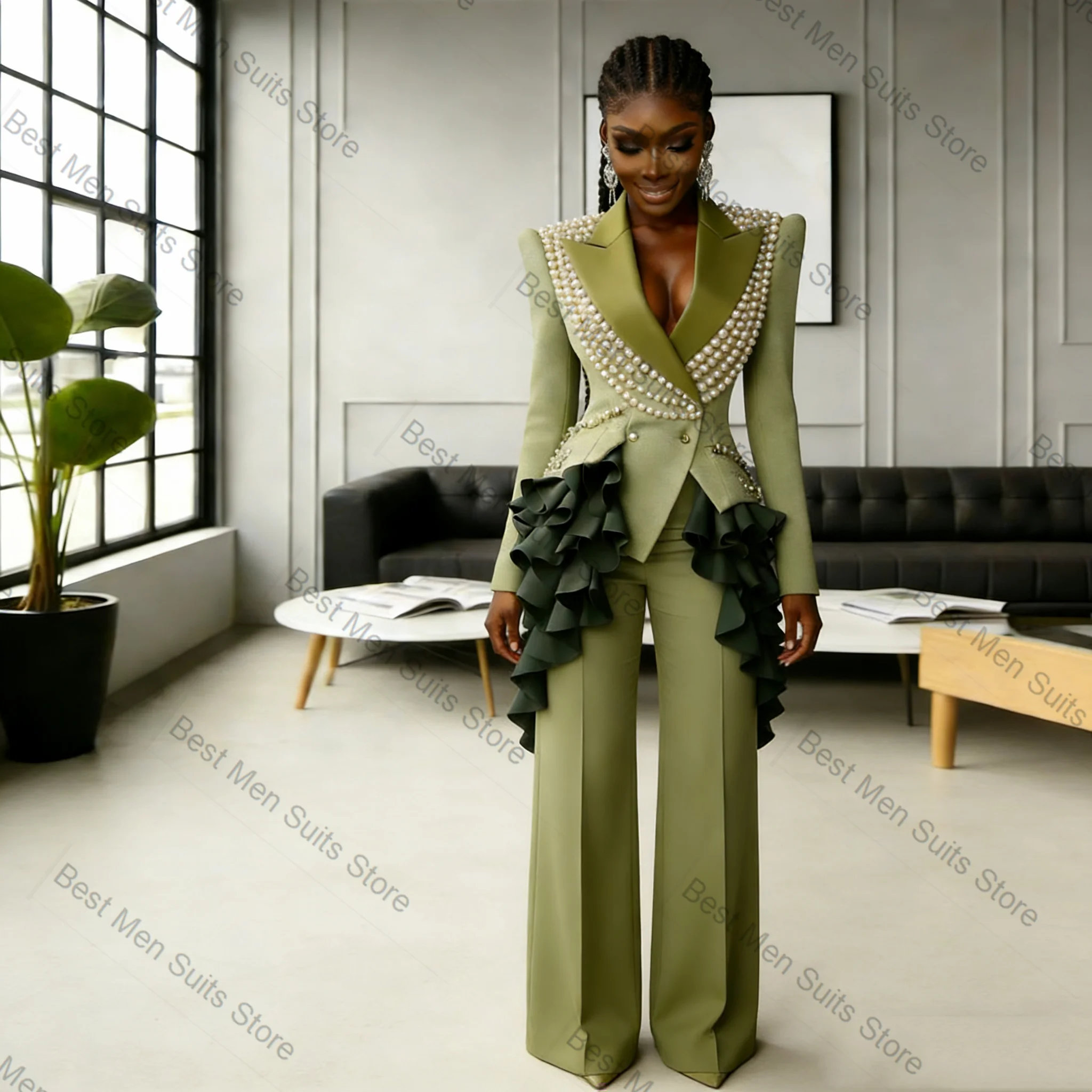 

Pearls Green Women Suit Set 2 Pcs Blazer Pants Trousers Cotton Formal Office Jacket Customized Wedding Tuxedo Guest Coat
