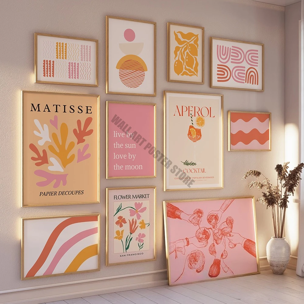 Pósteres impresos artísticos de pared de galería naranja y rosa, arte abstracto moderno, póster estético Preppy imprimible, impresión Floral, decoración de dormitorio