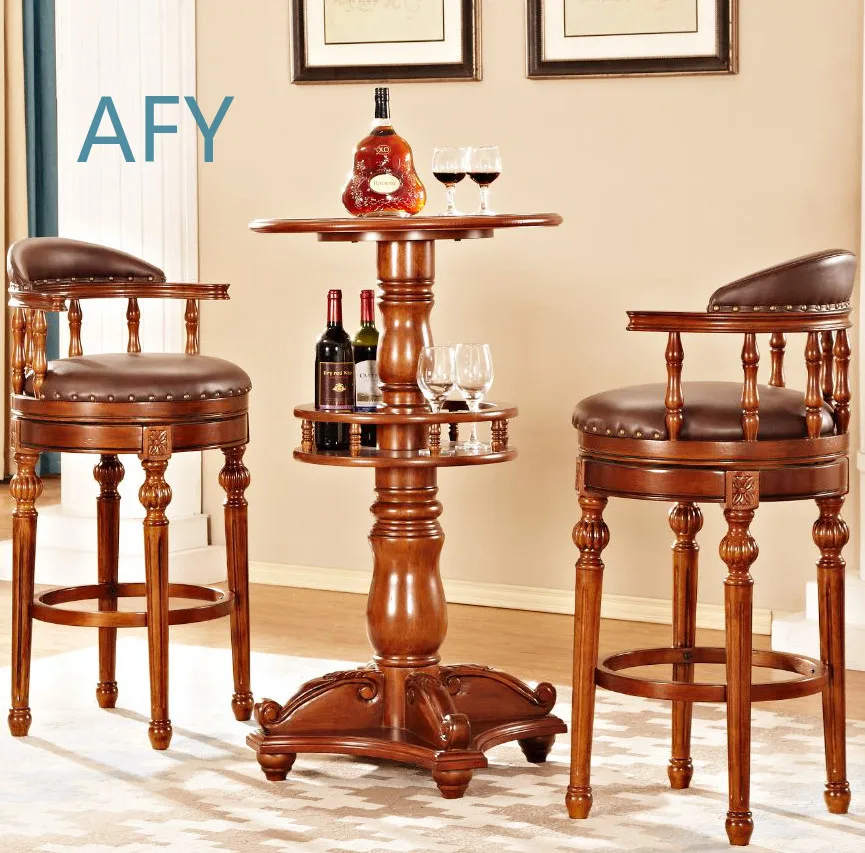 American Bar Chair for Home Use Solid Wood European Style Bar Stool with Backrest Rotating High Stool for Kitchen Counter