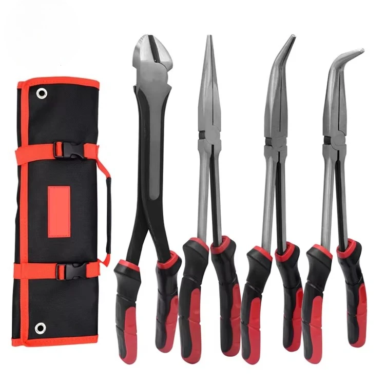 

4 piece 11 Inch extra long reach long needle nose pliers set Include straight bent nose diagonal plier