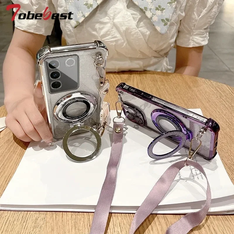 크로스 바디 끈 충격 방지 반짝이 도금 Magsafe 홀더 케이스 삼성 갤럭시 A16 A06 A15 A25 A35 A55 A14 A24 A34 A54 5G