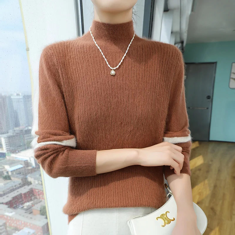 Autumn/Winter New Thick Sweater Women\'s Clothing 100% Mink Cashmere Tops Half High Neck Knitted Pullover Casual Loose Large Size