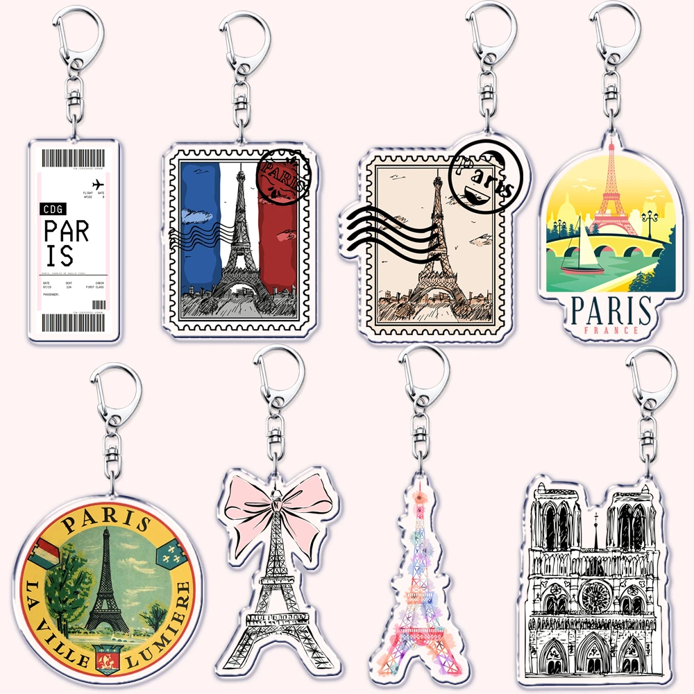 Retro France I Love Paris Eiffel Tower Keychains French Stamps Keyring for Accessories Bag Key Chain Jewelry Fans Friends Gifts