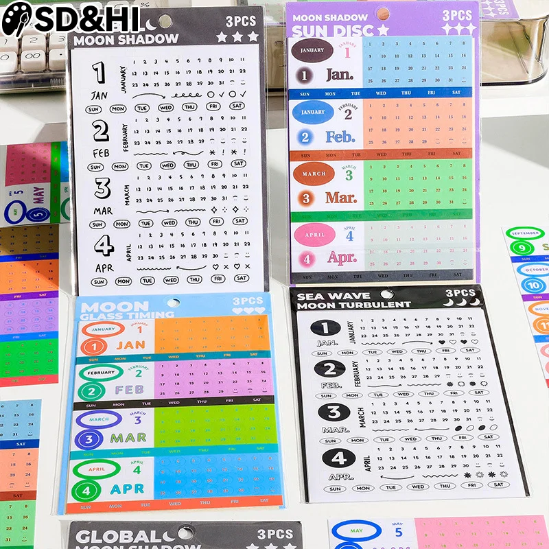 3Sheets Calendar Planner Stickers Monthly Planner Journal Stickers DIY 1 Year 12 Months Calendar Planning Stickers School Supply