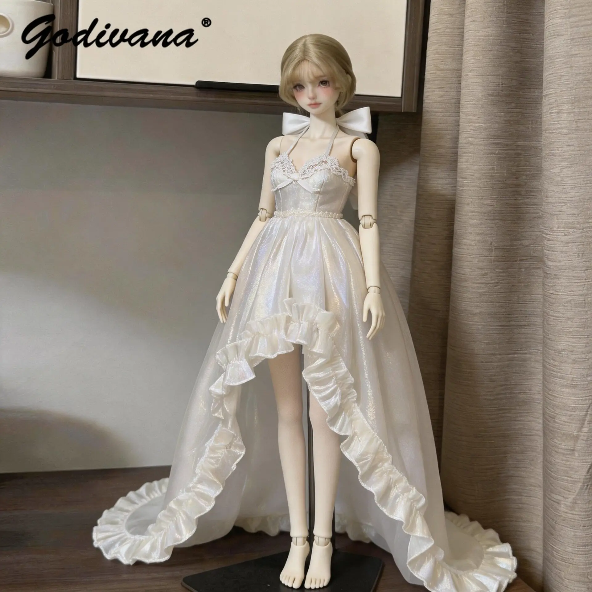 Ropa para muñeca BJD 1/3, vestido de noche blanco brillante, vestido de encaje con cuello halter, corte alto-bajo con cola con volantes, estilo de boda de ángel.