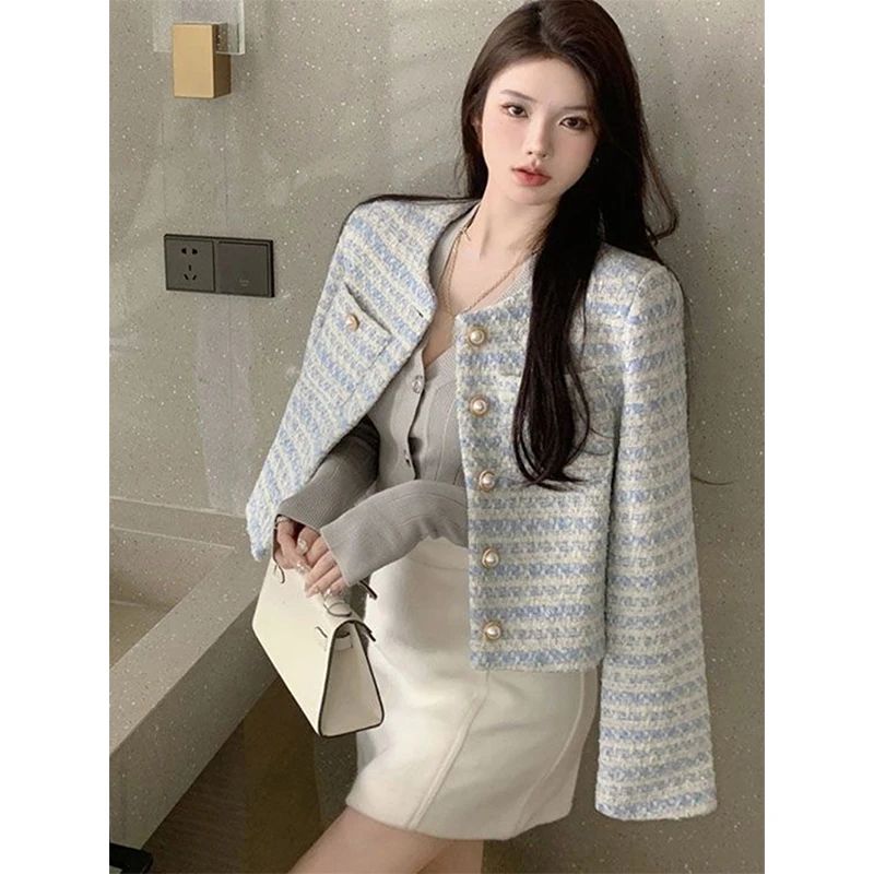 MEXZT Vintage Cropped Jackets Women Korean Tweed Striped Short Coat Spring Autumn Elegant Loose Casual All Match Outwear Tops