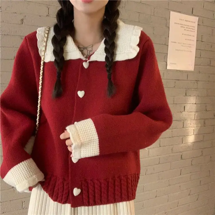 Doll Collar Lively Sweet Young Style Trend Autumn Women Sweater Coat Tops Cardigan Peter Pan Collar Red Fashionable Korean Solid